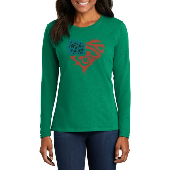 Big Size American Love Women's Port & Company Long Sleeve Cotton T-Shirt - Kelly 2XL