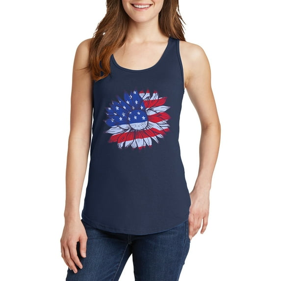 Big Size An American Sunflower Ladies Core Cotton Tank Top - Navy 2XL