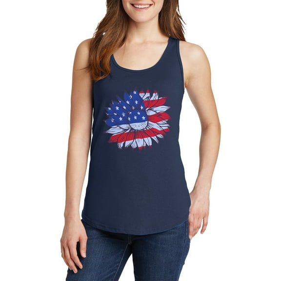 Big Size An American Sunflower Ladies Core Cotton Tank Top - Navy 2XL