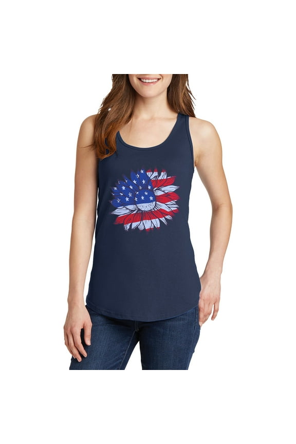 Big Size An American Sunflower Ladies Core Cotton Tank Top - Navy XL