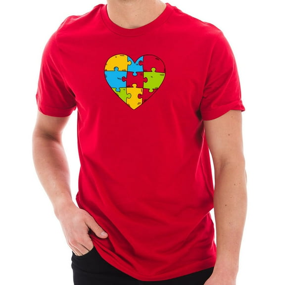 Big Size Autism Heart Puzzle Graphic Design Short Sleeve Cotton Jersey T-Shirt - Red XL
