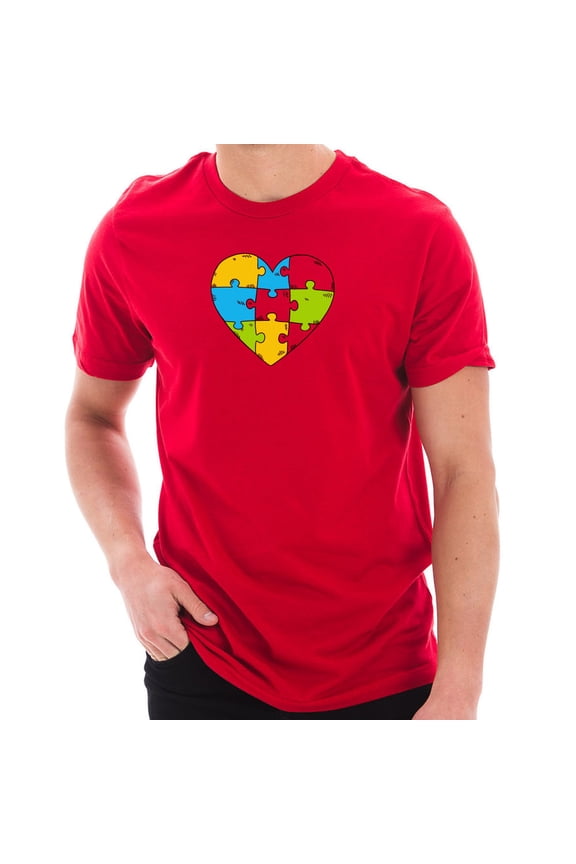 Big Size Autism Heart Puzzle Graphic Design Short Sleeve Cotton Jersey T-Shirt - Red XL