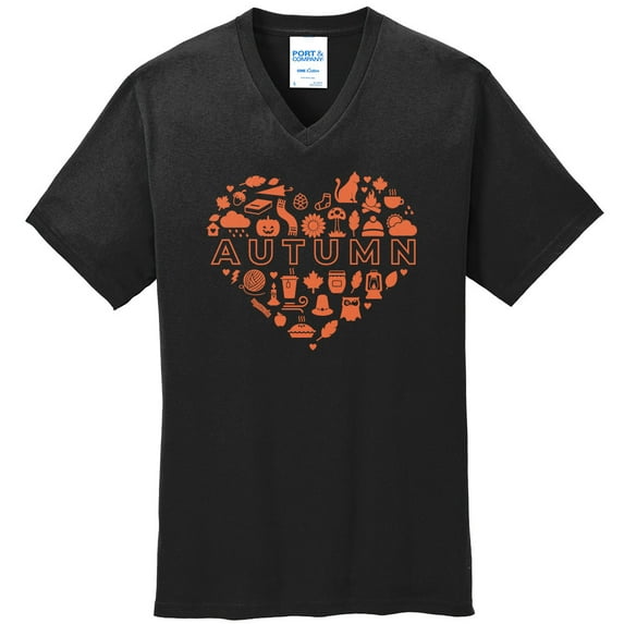 Big Size Autumn Heart Graphic Design Big Size Port & Company Core Cotton V-Neck Tshirt - Jet Black 4XL