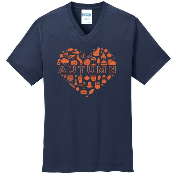 Big Size Autumn Heart Graphic Design Big Size Port & Company Core Cotton V-Neck Tshirt - Navy 4XL