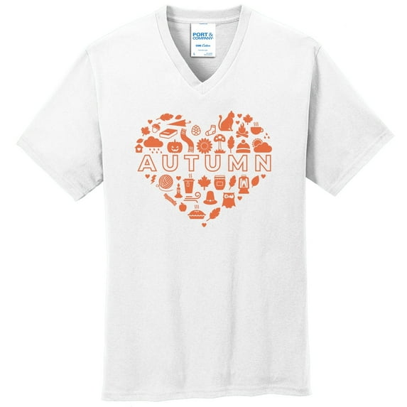 Big Size Autumn Heart Graphic Design Big Size Port & Company Core Cotton V-Neck Tshirt - White XL