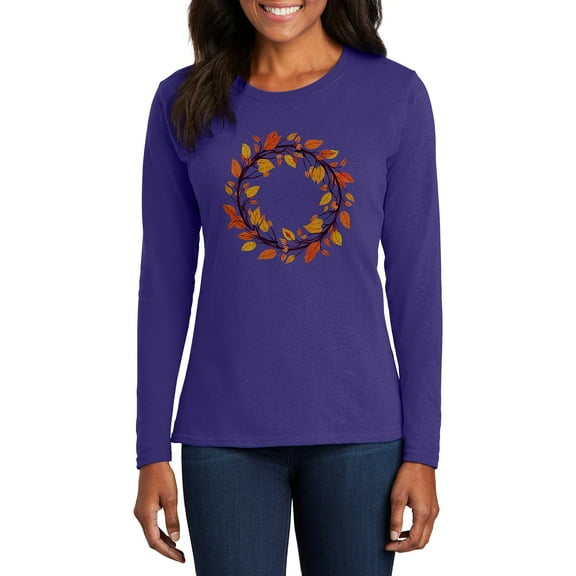 Big Size Autumn Wreath Women's Port & Company Long Sleeve Cotton T-Shirt - Purple 2XL