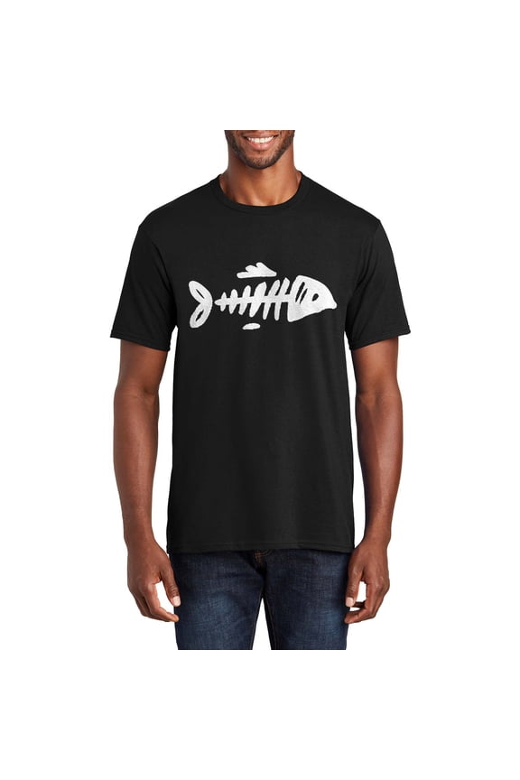 Big Size Bare Bone Fish Graphic Men's Premium Crew Neck Tee Shirt - Jet Black 6XL