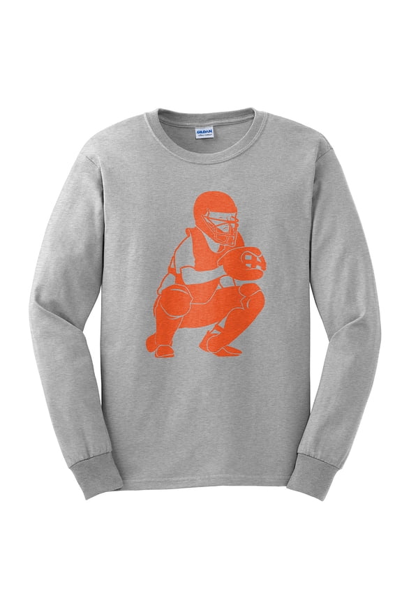 Big Size Baseball Catcher Graphic Design Men's Cotton Long Sleeve T-shirt - Ash XL