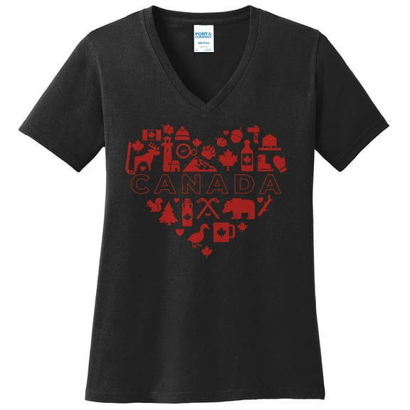 Big Size Canada Heart Graphic Design Ladies V-Neck - Jet Black 4XL