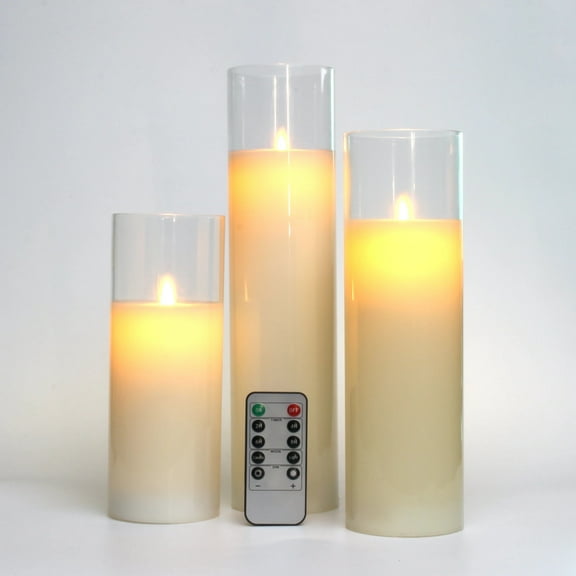 Big Size Candles Set of 8" 10" 12" Glass Flameless Candles  Battery Operated Real Wax Pillars Glass LED Candles with Remote Control Cycling Timer