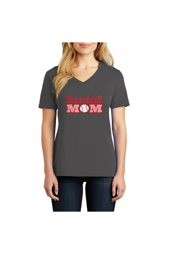 Big Size Cheetah Baseball Mom Graphic Design Ladies V-Neck - Charcoal 3XL