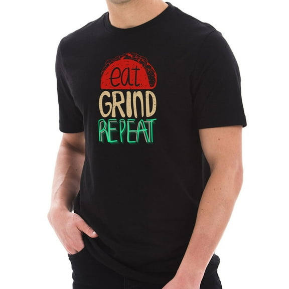 Big Size Eat Grind Repeat Phrase Graphic Design Short Sleeve Cotton Jersey T-Shirt - Black XL