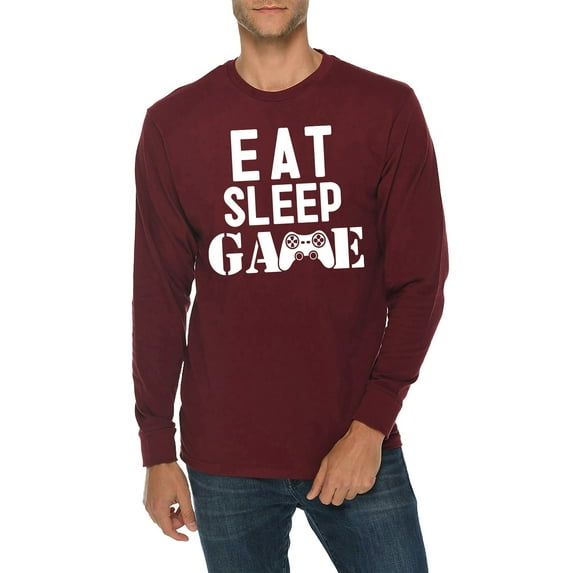 Big Size Eat Sleep Game Graphic Long Sleeve Crewneck Tee - Burgundy 3XL