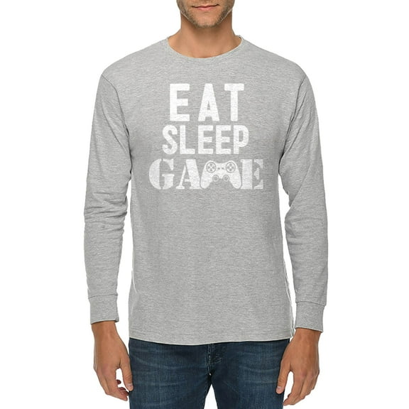 Big Size Eat Sleep Game Graphic Long Sleeve Crewneck Tee - Heather Grey XL