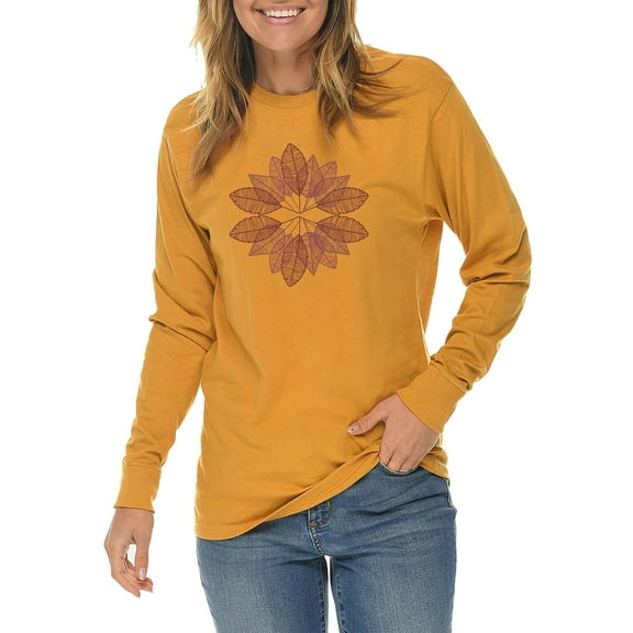 Big Size Fall Leaves Illustration Graphic Long Sleeve Crewneck Tee - Mustard 2XL