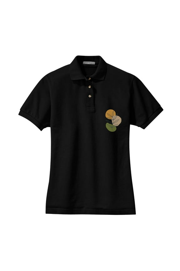 Big Size Fall Leaves Ladies Big Size Heavyweight Cotton Pique Polo Graphic Shirt - Black 2XL