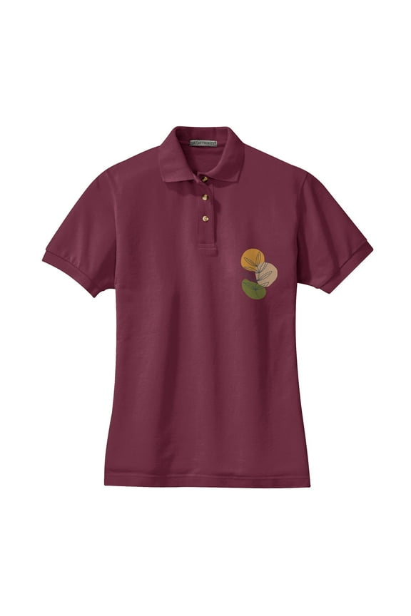 Big Size Fall Leaves Ladies Big Size Heavyweight Cotton Pique Polo Graphic Shirt - Burgundy 3XL