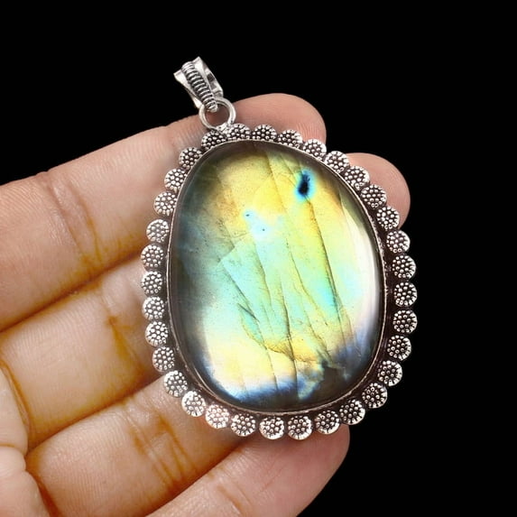Big Size Fancy-Shaped Multicolor Labradorite Silver Pendant – Women's Fashion Jewelry