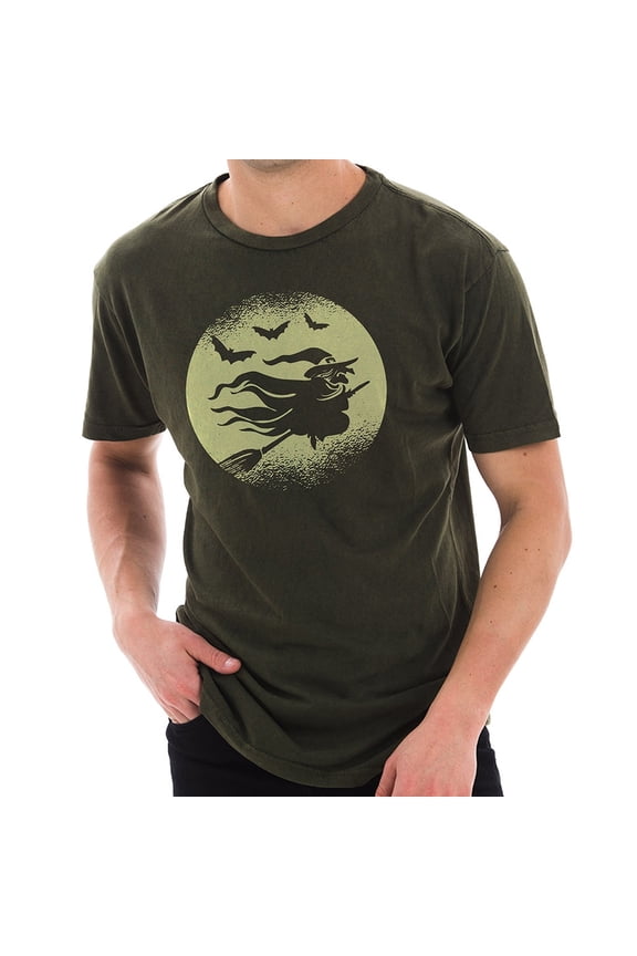 Big Size Flying Witch Graphic Design Unisex Ring Spun Cotton Vintage Short Sleeve Crewneck Tee Shirt - Vintage Olive XL