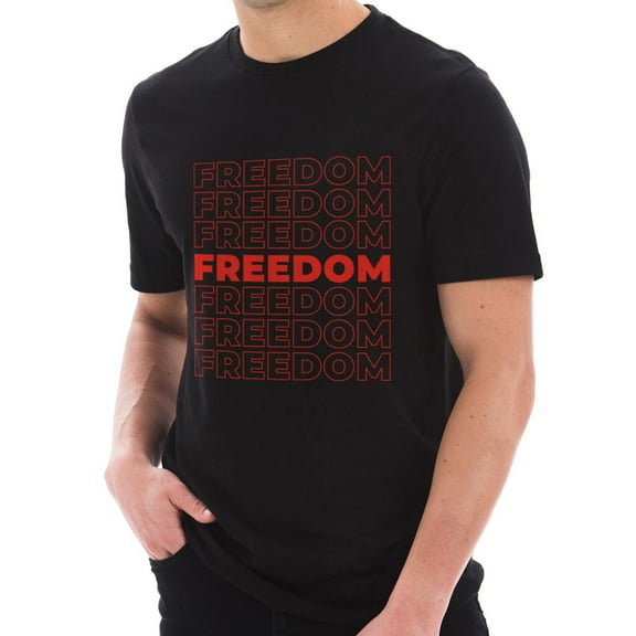Big Size Freedom Repeated Phrase Cotton Short Sleeve Graphic Shirt - Black XL