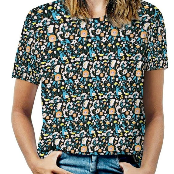 Big Size Fun Flower Print T-Shirts Retro Floral Fashion T Shirt Short Sleeve Woman Pretty Tee Shirt Beach Printed Top Te
