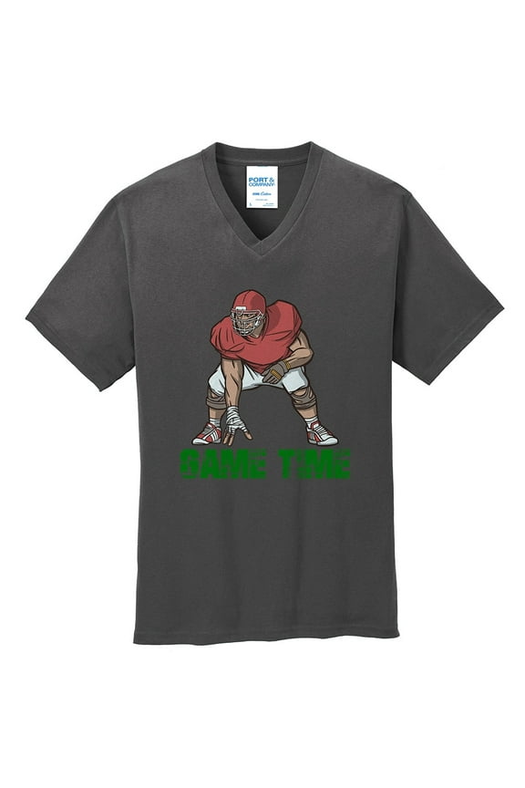 Big Size Game Time Lineman Graphic Design Men's Big Size Port & Company Core Cotton V-Neck T-Shirt - Charcoal 4XL
