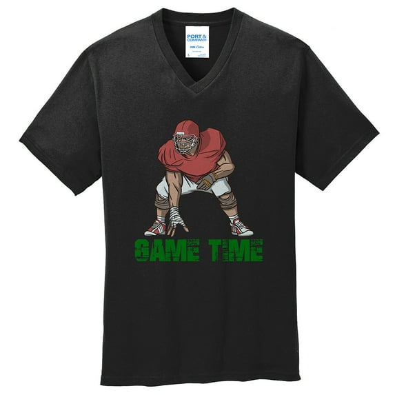 Big Size Game Time Lineman Graphic Design Men's Big Size Port & Company Core Cotton V-Neck T-Shirt - Jet Black 4XL