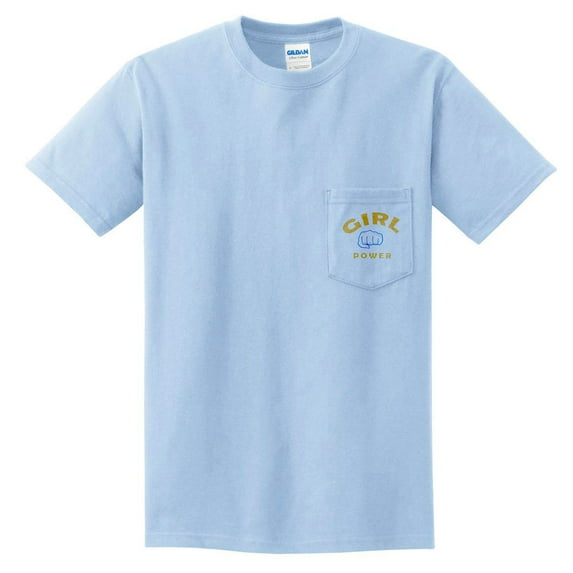 Big Size Girl Power Statement Cotton Pocket Crew Neck Graphic Shirt - Lt Blue XL