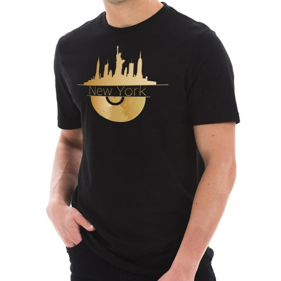 Big Size Golden Record New York Graphic Design Short Sleeve Cotton Jersey T-Shirt - Black XL