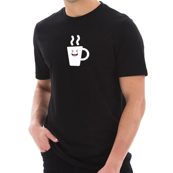 Big Size Happy Coffee Cup Graphic Design Short Sleeve Cotton Jersey T-Shirt - Black XL