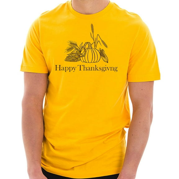 Big Size Happy Thanksgiving Drawing Graphic Design Unisex Ring Spun Combed Cotton Short Sleeve Deluxe Jersey T-Shirt - Taxi Gold XL