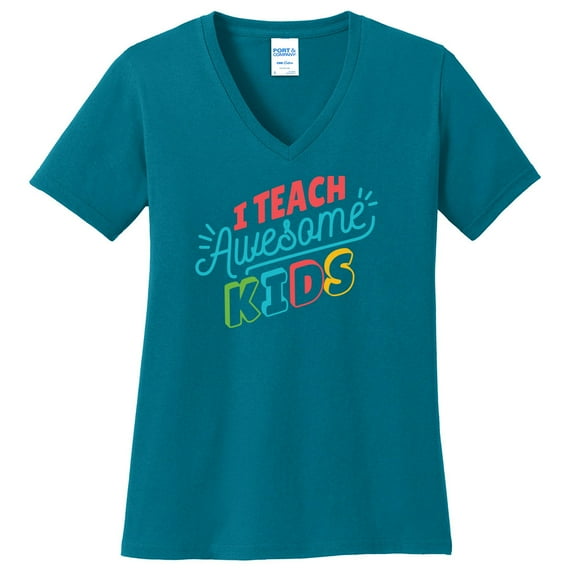 Big Size I Teach Awesome Kids Phrase Cotton V-Neck Graphic Shirt - Teal XL