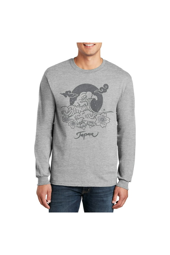 Big Size Japan Wave Graphic Men's Ultra Cotton Long Sleeve T-Shirt - Ash XL