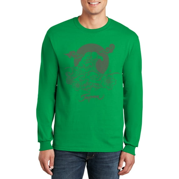 Big Size Japan Wave Graphic Men's Ultra Cotton Long Sleeve T-Shirt - Irish Green 4XL