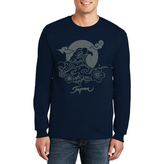 Big Size Japan Wave Graphic Men's Ultra Cotton Long Sleeve T-Shirt - Navy 4XL