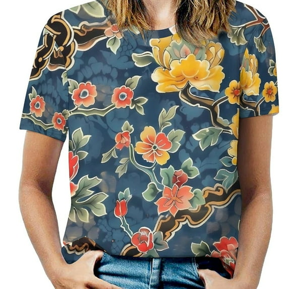 Big Size Japanese Art T Shirts Colorful Floral Casual T Shirt Short Sleeve Women Aesthetic Tee Shirt Summer Pattern Top