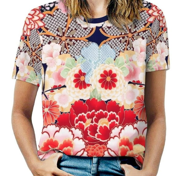 Big Size Japanese Art T Shirts Colorful Floral Casual T Shirt Short Sleeve Women Aesthetic Tee Shirt Summer Pattern Top
