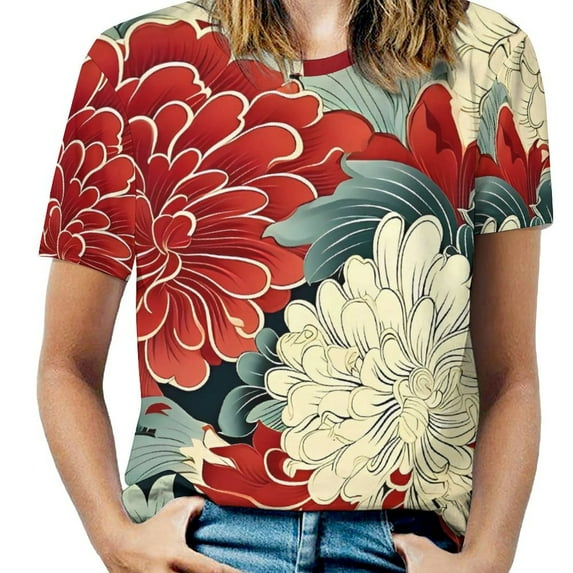 Big Size Japanese Art T Shirts Colorful Floral Casual T Shirt Short Sleeve Women Aesthetic Tee Shirt Summer Pattern Top