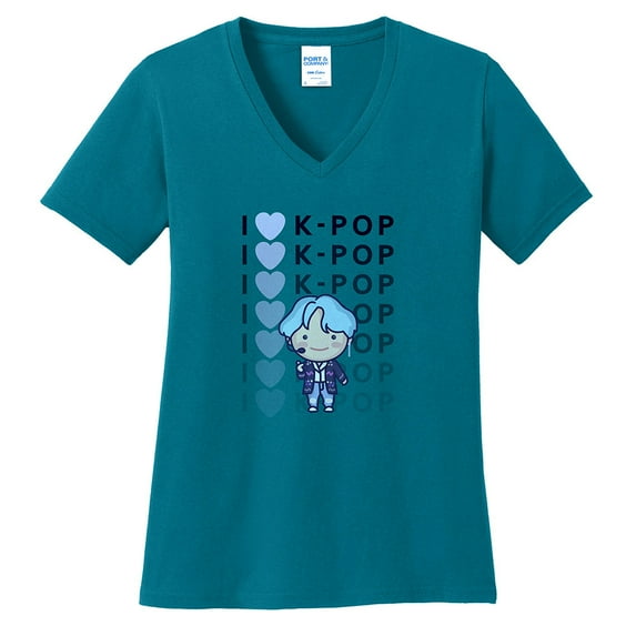 Big Size K Pop Love Graphic Design Lady's V-Neck - Teal 2XL