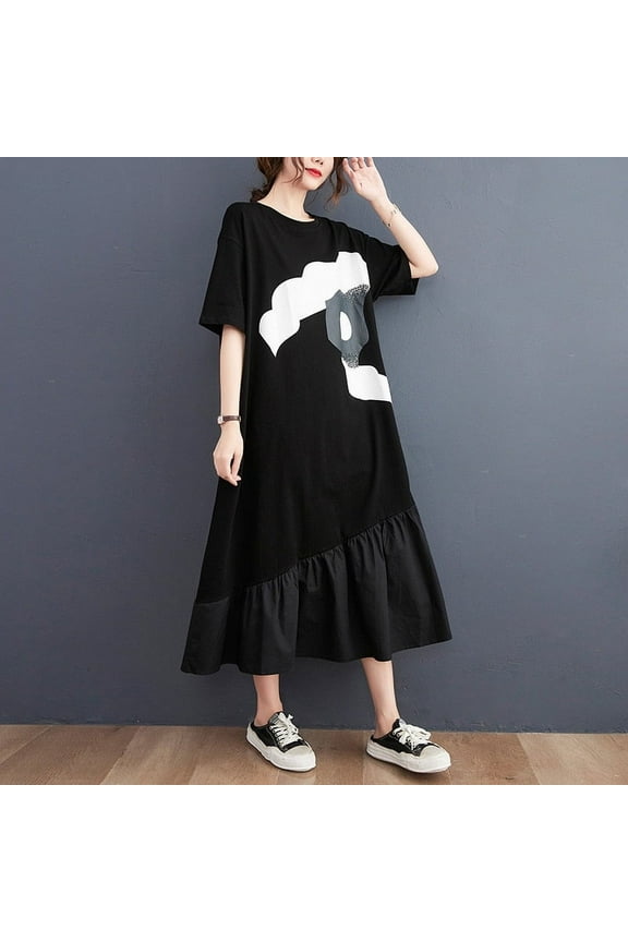 Big Size Loose Summer Patchwork Lace Dress Striped Cotton Pullover Long Oversize Trapeze Maxi Dress for Women