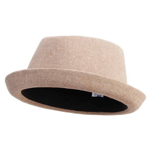 Big Size Polyester Linen Mixed Porkpie Upbrim Fedora - Tan 2XL-3XL