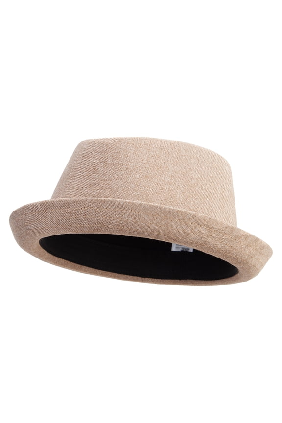 Big Size Polyester Linen Mixed Porkpie Upbrim Fedora - Tan 2XL-3XL