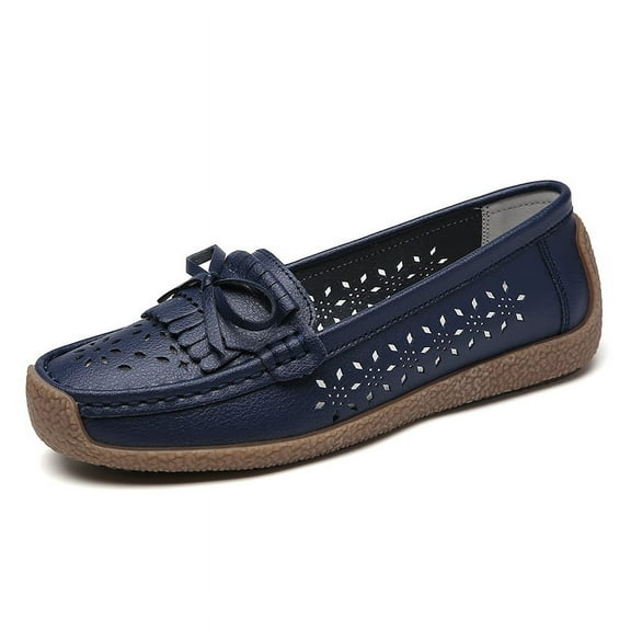 Big Size Spring Summer Women's Casual Hollow Loafers Slip On Leather Shoes Lightweight Casual Walking Shoes Female Moccasins Classic Penny Loafer Flats Boat Shoes