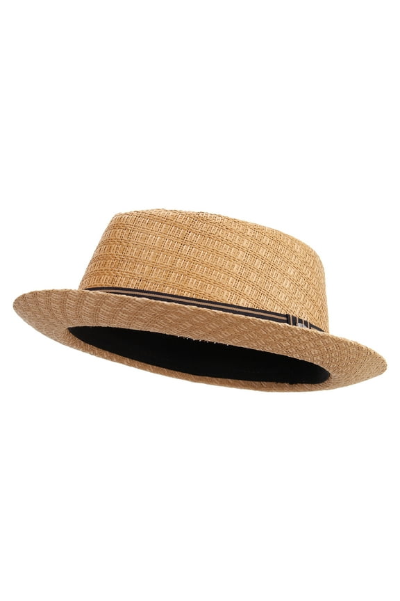 Big Size Wove Paper Straw Wide Brim Porkpie Upbrim Fedora - Tan 2XL-3XL