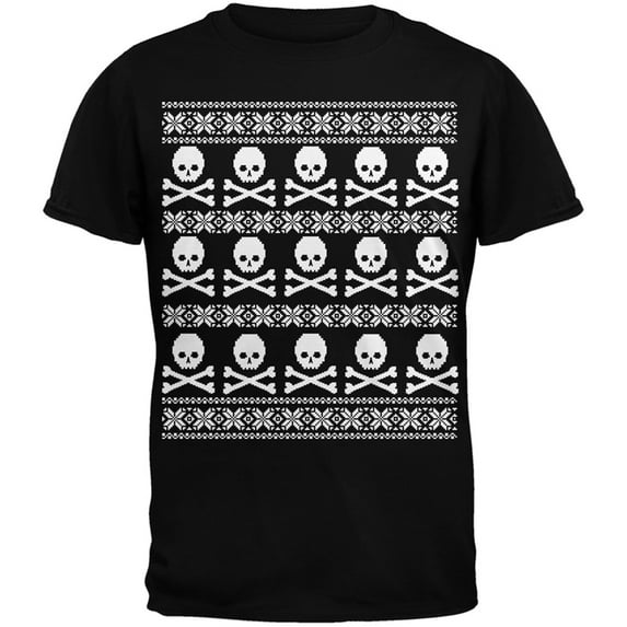 Big Skull And Crossbones Pattern Ugly Christmas Sweater Black Adult T-Shirt - Small