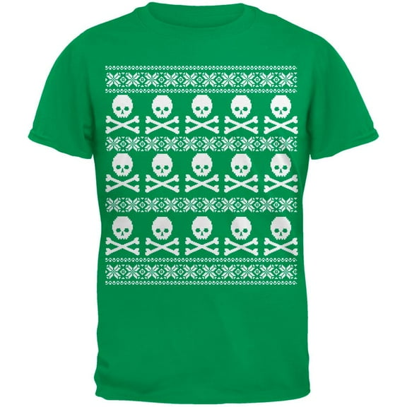 Big Skull And Crossbones Pattern Ugly Christmas Sweater Green Adult T-Shirt - Large