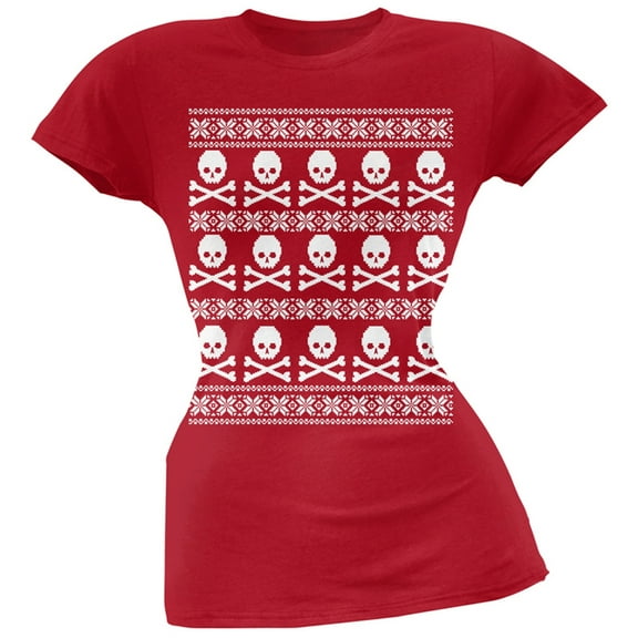 Big Skull And Crossbones Pattern Ugly Christmas Sweater Red Juniors T-Shirt - Large