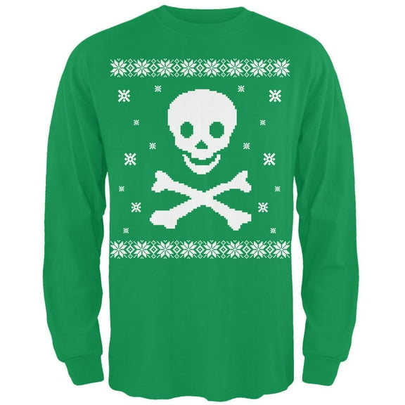 Big Skull & Crossbones Ugly Christmas Sweater Green Long Sleeve T-Shirt - Large
