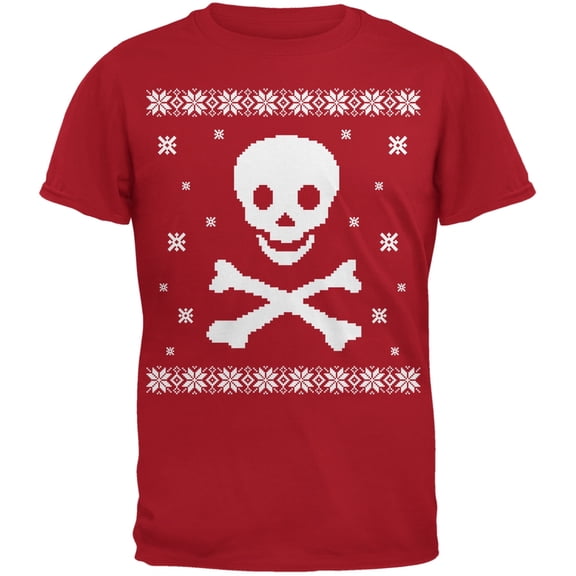 Big Skull & Crossbones Ugly Christmas Sweater Red Adult T-Shirt - 2X-Large