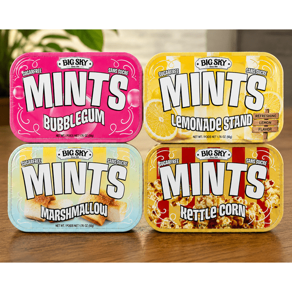 Big Sky Breath Mints Sugar-Free Variety Pack, 4 Pack - Bubblegum, Lemonade, Marshmallow and Kettle Corn